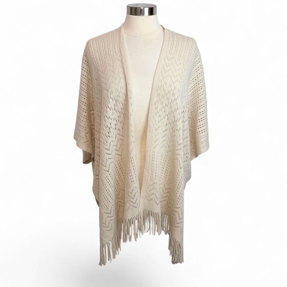 LOFT Beige Knit Boho Kimono Fringe‎ Hem, O/S